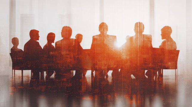 Silhouettes of business people meeting overlaid with city architecture texture.