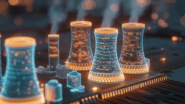 Futuristic digital nuclear power plant with glowing elements and high-tech design for energy concepts