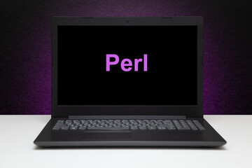 Perl inscription on screen laptop. Learn perl programming language, computer courses.