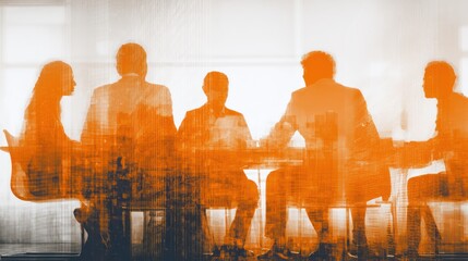 Silhouettes of people meeting overlaid with city architecture texture