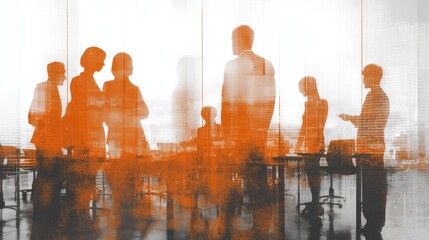 Silhouettes of business people overlaid with urban high-rise texture.