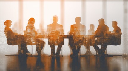 Silhouettes of business people meeting overlaid with city lights.