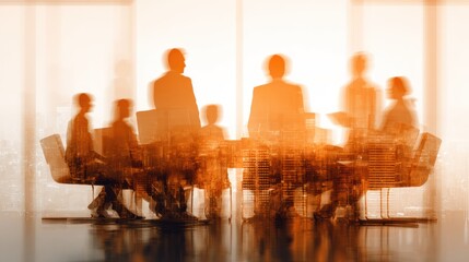 Silhouetted business people meeting overlaid with a bright city skyline.