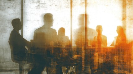 Silhouettes of business people meeting with city overlay texture.