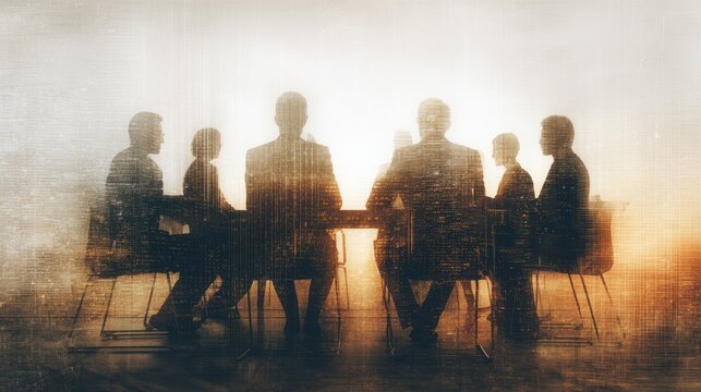 Silhouettes of business people meeting with city lights overlay - Powered by Adobe
