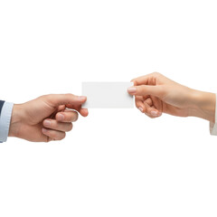 Obraz premium Business card exchange between two people against a white background