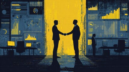 Businessmen shaking hands against a backdrop of digital data screens.