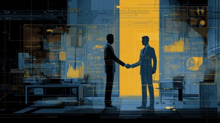 Businessmen handshake against futuristic digital data background