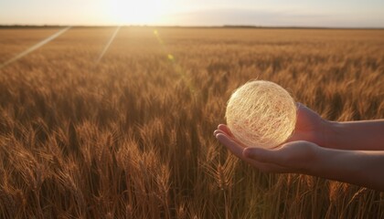 Image portraying hands holding a glowing fiber ball over a wheat field to represent sustainability and agricultural innovation. It reflects rising interest in renewable material concepts