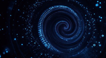 Abstract blue light spiral tunnel with glowing particles in darkness