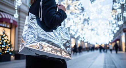 A vibrant city street comes alive with holiday cheer as a shopper carries a gleaming silver bag under twinkling lights