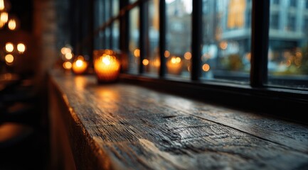 Warm candlelight illuminates a dark wooden windowsill overlooking a blurry city.