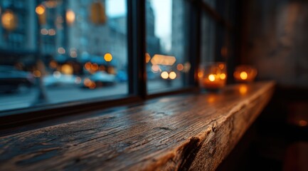 Warm candles glow on a wooden windowsill overlooking a blurry city street.