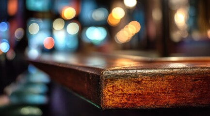 Close up of a wooden bar edge with colorful bokeh lights background