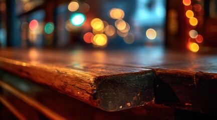 Wooden surface foreground with colorful out of focus city lights background