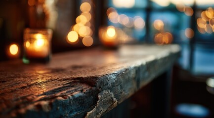 Rustic wooden surface with warm candle light and blue bokeh background.
