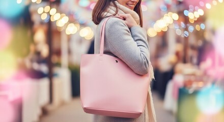 Stylish Lady's Pink Tote Bag at Outdoor Market A Chic Autumn Shopping Experience
