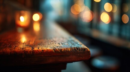 Wooden surface with candle glow and background bokeh lights.