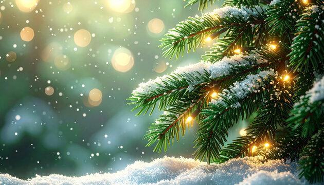 Snow covered evergreen branches adorned with glowing lights create festive and magical winter scene