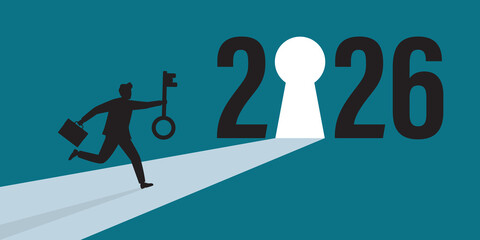 Motivated businessman silhouette holding big key and try to unlock keyhole. New opportunities for success. Businessman entering 2026 year.