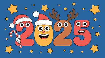 Festive 2025 new year illustration with cartoon numbers wearing santa hats and reindeer antlers against a blue background with stars