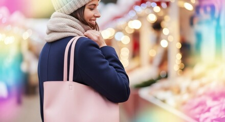 Woman Shopping at a Christmas Market with a Pink Bag and Festive Background Lights