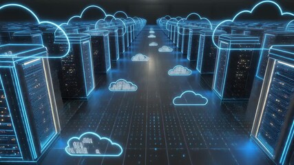 Futuristic data center with glowing cloud technology and servers representing digital transformation - Powered by Adobe
