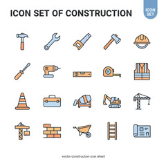 “Icon Set of Construction – 20 Colorful Vector Glyph Icons for Building, Tools, and Heavy Equipment”