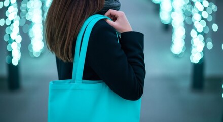 Close-up of a person holding a turquoise tote bag outdoors with bokeh lights in the background