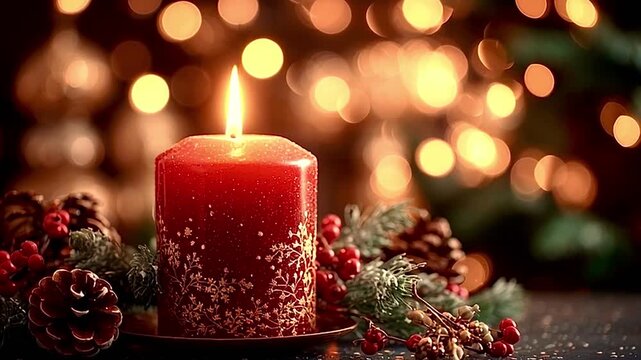 Christmas red candle burning with golden lights