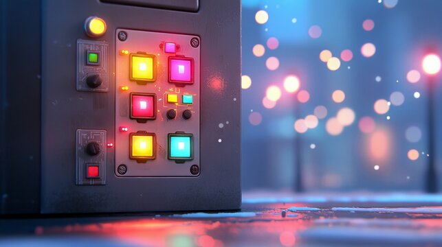 A detailed view of a control panel featuring various illuminated buttons and knobs, with a bokeh effect of city lights in the background.
