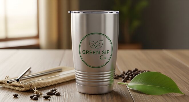 Eco-Friendly Stainless Steel Tumbler with Green Sip Co. Logo on Wooden Table with Coffee Beans and Reusable Straws