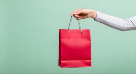 Hand holding a vibrant red shopping bag with string handles against a soft green background - gift and purchase