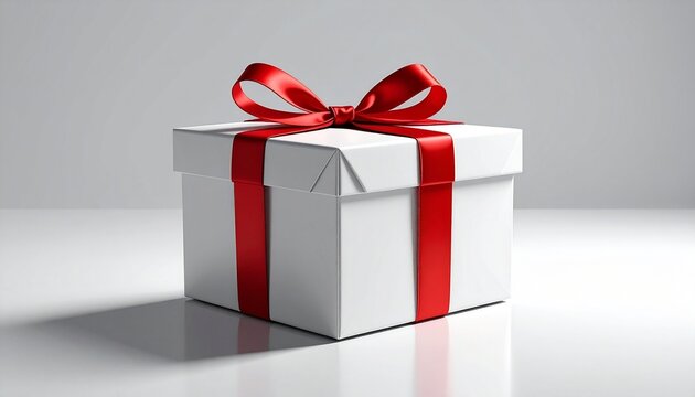 "Neatly wrapped white gift box with shiny red ribbon and bow, placed on smooth surface with soft lighting"