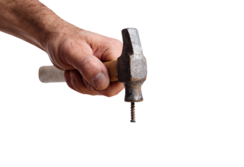 Close-up of a hand gripping a claw hammer, driving a nail