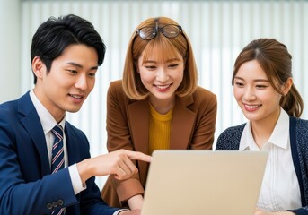 Obraz premium Three young business people looking at a laptop screen in the office
