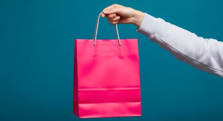 Hand Holding Pink Gift Bag Against Blue Background Perfect for Shopping, Presents, and Gifts