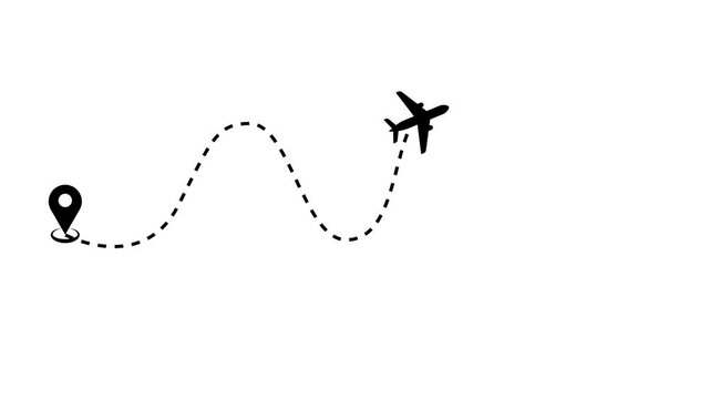  Airplane flying on Dash animation on white background. line trace animation design. .for navigation, battlefield, travel, and direction.4k video