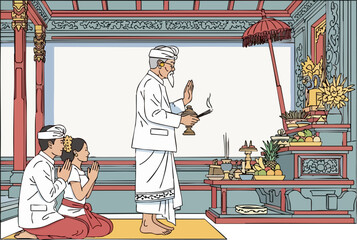 Balinese priest performs a blessing ceremony kneeling before an altar with offerings  A couple watches respectfully  Traditional Balinese architecture provides a serene backdrop  Illustrative style