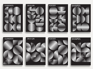 8 abstract posters set with fine line textures - modern geometric circles and semicircles pattern created with thick and bold lines for modern design. Shapes for posters and branding. 


