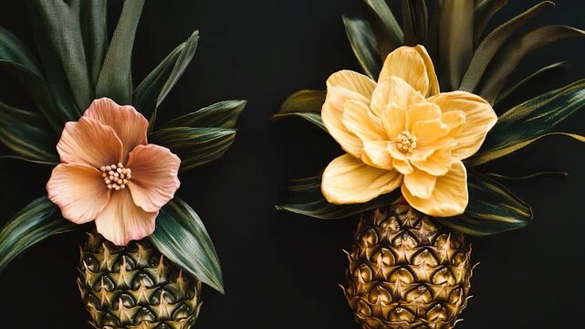 A pair of pineapples adorned with colorful flowers, great for decoration or gift ideas