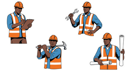 Construction worker team in action, ready for any job, diverse roles and tools, symbolizing dedication, skill, and teamwork in building industry projects