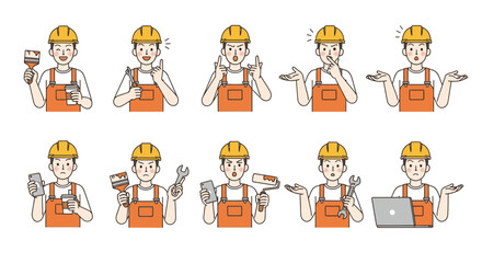 Construction worker expressions showcase diverse emotions, perfect for safety campaigns, training materials, or construction industry marketing with relatable characters