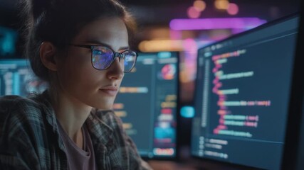 Focused young woman programming at computer with multiple screens showcasing coding and data analysis - Powered by Adobe