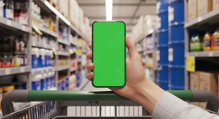 Mobile Phone Display and Shopping Cart in Store Using Technology for Retail and Purchase with Green Screen