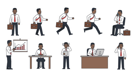 Dynamic businessman in various business scenarios, presenting data, running late, talking on the phone, and working at his desk, showing versatility and efficiency