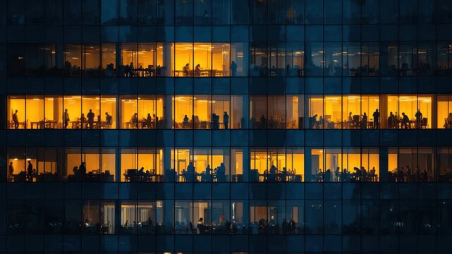 Modern office building illuminated at night with silhouettes of people working in various activities and settings