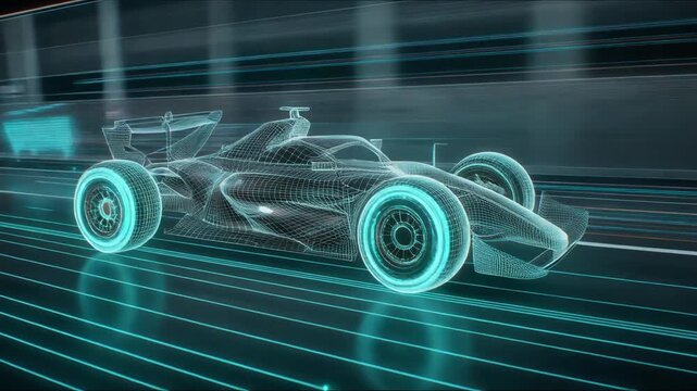 Futuristic 3D wireframe racing car design in motion with glowing accents