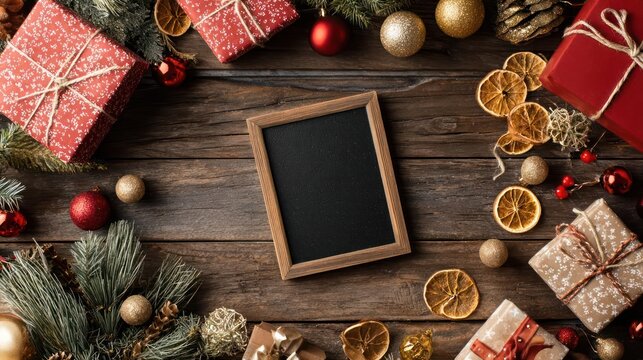 Festive christmas flat lay with blank chalkboard surrounded by gifts ornaments pine cones and dried oranges on wood