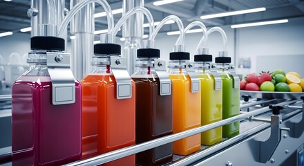 Juice Manufacturing Bottling Fresh Ingredients on Assembly Line